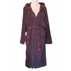 PENDLETON Terry Velour Robe •Men L• Cotton Gray Plaid Flannel Lined Hooded